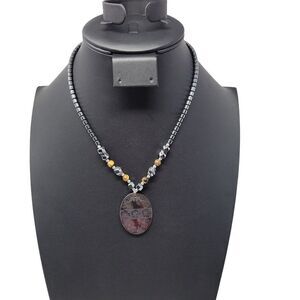 Princess Necklace 18"‎ Spinal Gems Gunmetal Floral Etched Spinal Oval Pendant